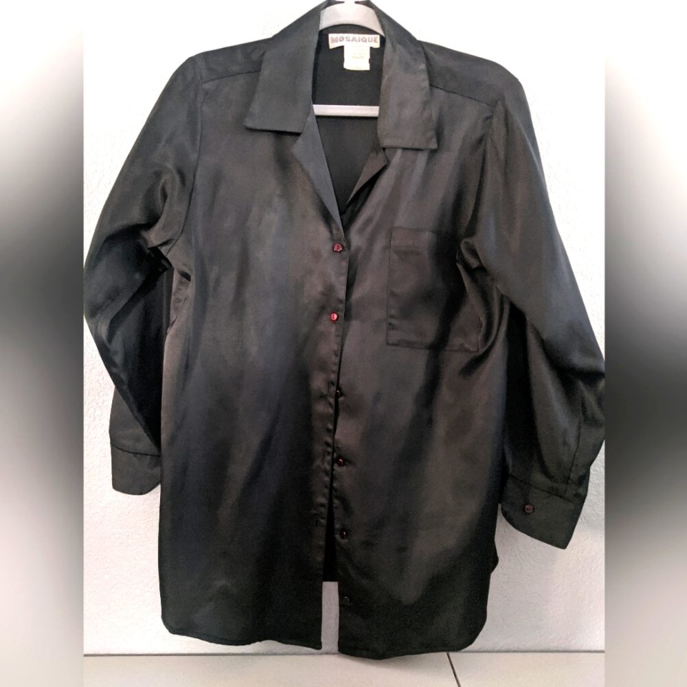Women's Vintage Retro Long Sleeve Black Silky Lightweight Blouse Top L